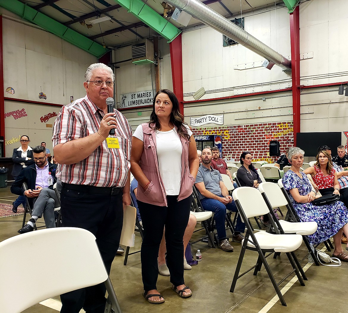 St. Maries Mayor Tom Carver and city pool manager Becky Holder ask the governor for help in applying for grants to revitalize the city pool.