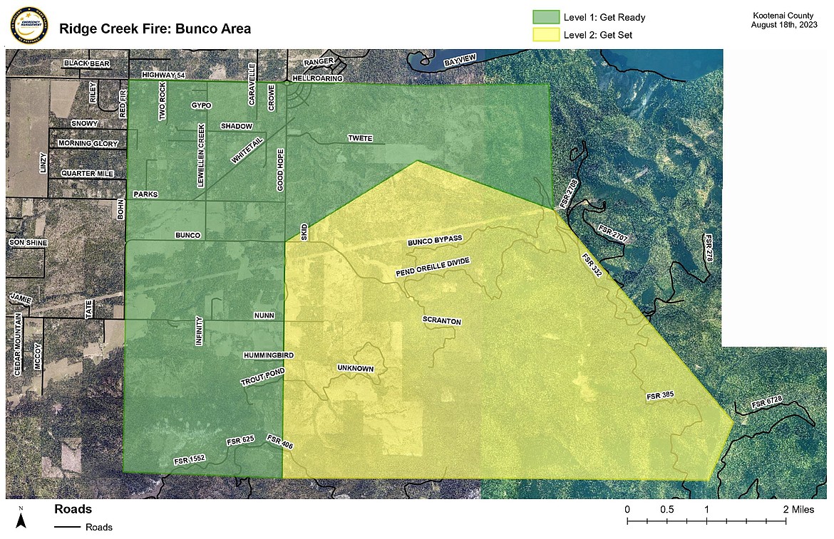 The Bunco Area west of the Ridge Creek Fire has been upgraded to GET SET due to high winds.