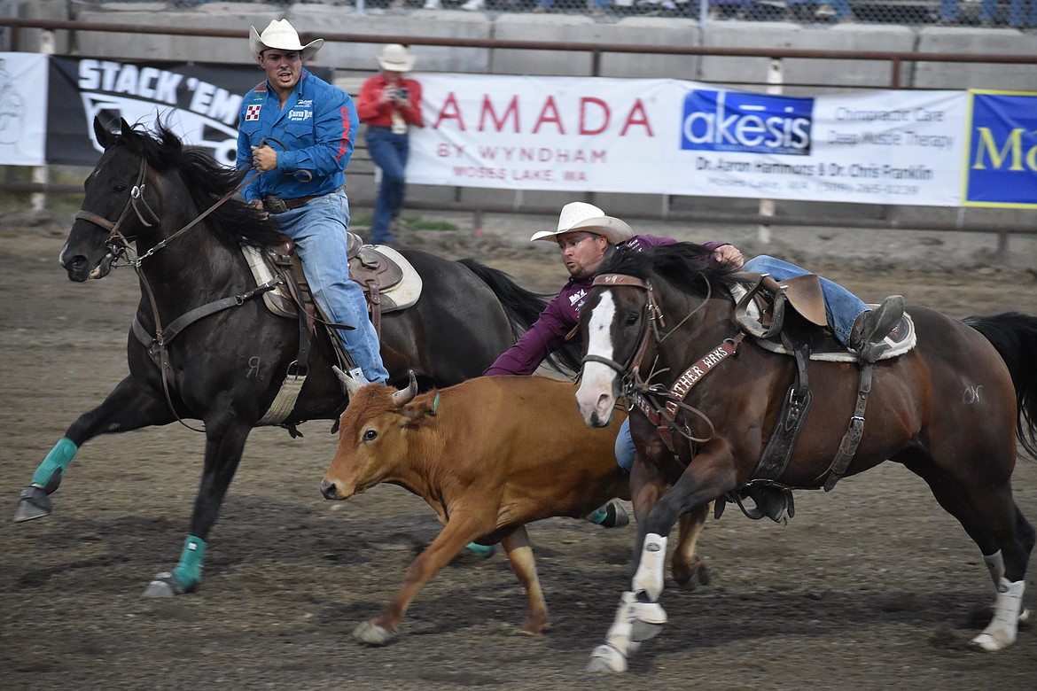 Steer wrestler Stan Branco, in purple, jumps onto a steer on Friday at the Moses Lake Roundup Rodeo.