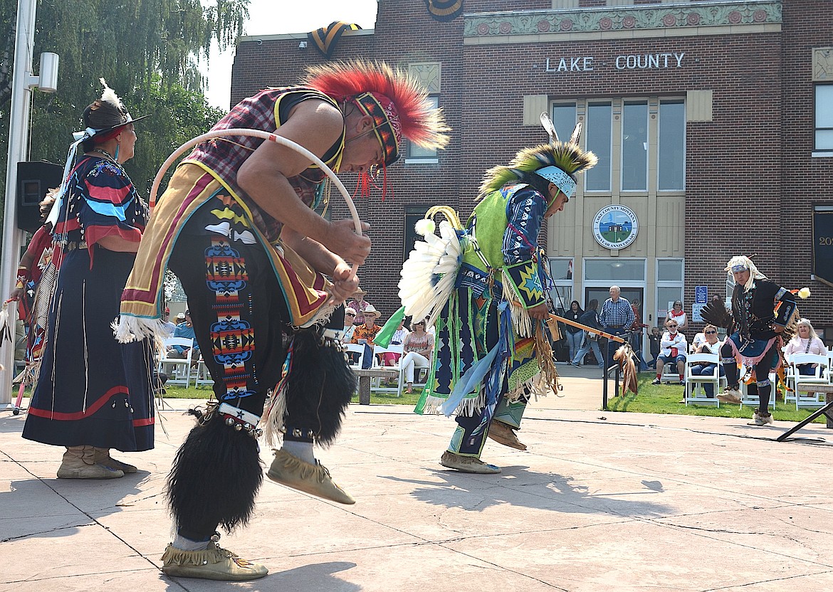 The Flathead Reservation Traditional Dance Troupe performed in front of the Lake County Courthouse during Centennial festivities Saturday. (Kristi Niemeyer/Leader)