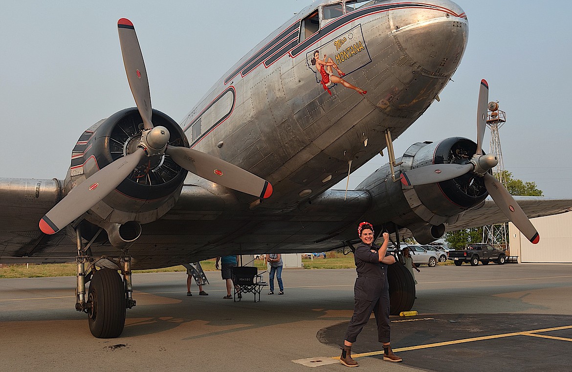 Rosie the Riveter (aka Carol Lynn Lapotka) put in an appearance Saturday when the World War II-era Miss Montana landed in Polson. (Kristi Niemeyer/Leader)