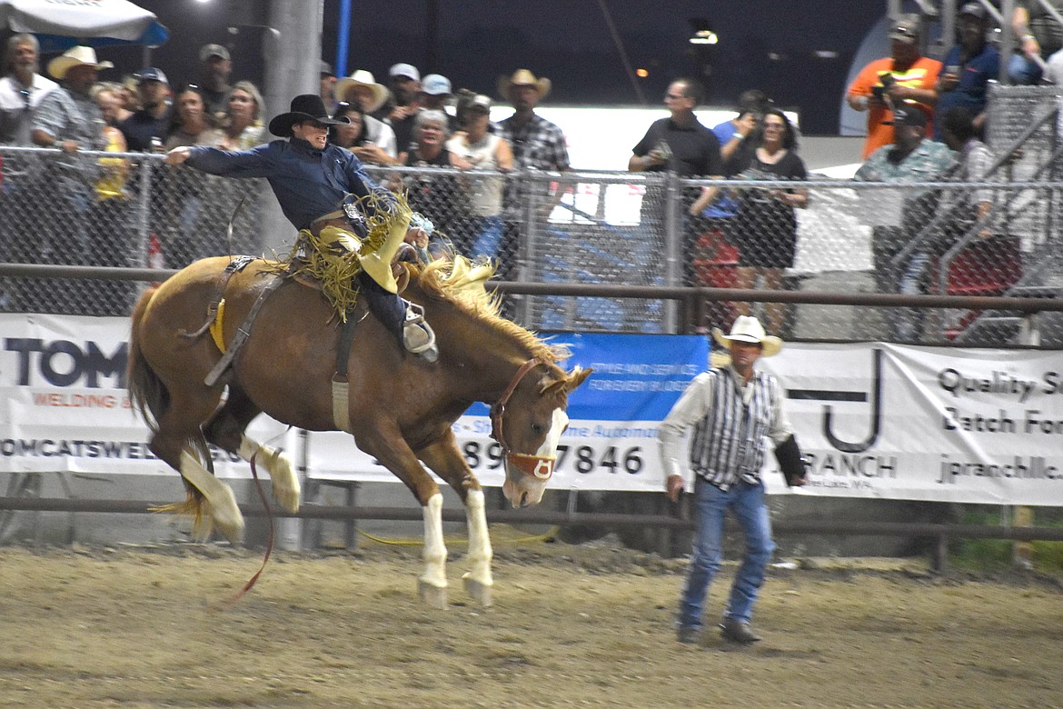 Saddle bronc rider Q Taylor’s 82.5-point ride at the Moses Lake Roundup on Friday clinched an eighth-place finish.