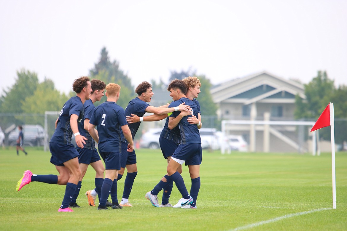 ZAC CHAN/Courtesy phot
Lake City's Michael Chan celebrates the opening goal with teammates Kai Delio, Beckham Dodge, Gavin Schoener, Valentyn Kuzyk and Jacob Molina during Tuesday's match against Lewiston at the Irman Anderl Soccer Complex.