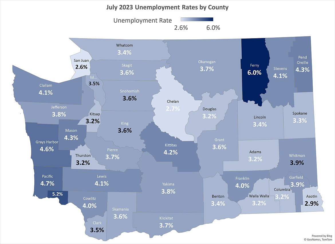 A graphic depicting the July 2023 unemployment rates in Washington state by county.