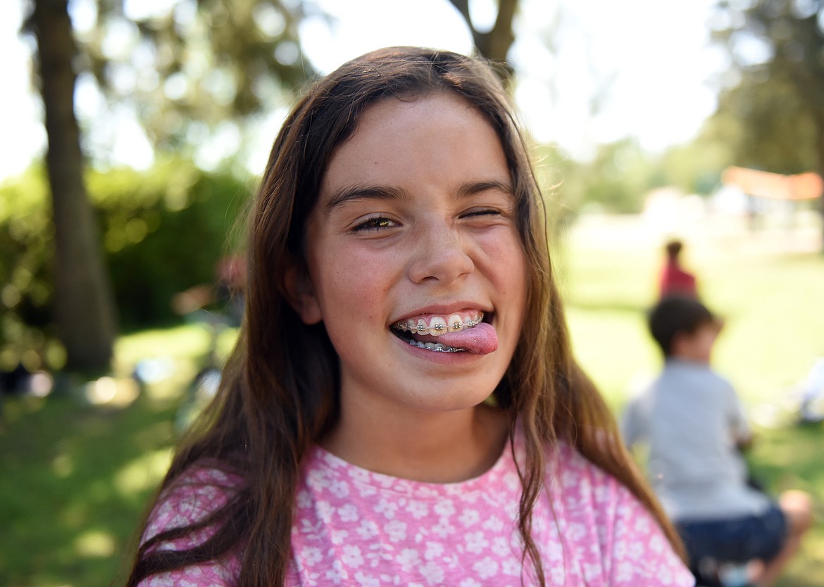 Happy camper Keira Cobell shares a funny face during the Whitefish Summer Camp program. (Julie Engler/Whitefish Pilot)