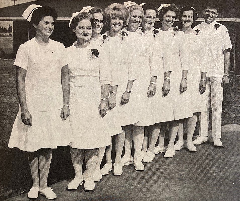 The first NIC class of Licensed Practical Nurses, from left, instructor Diane Granger, graduates Florence Crabtree, Sharon Freeman, Jakie Anderson, Gladys Buroker, Jean Holt, Fay Lee, Hilde Hartman and Boyd Merkley.