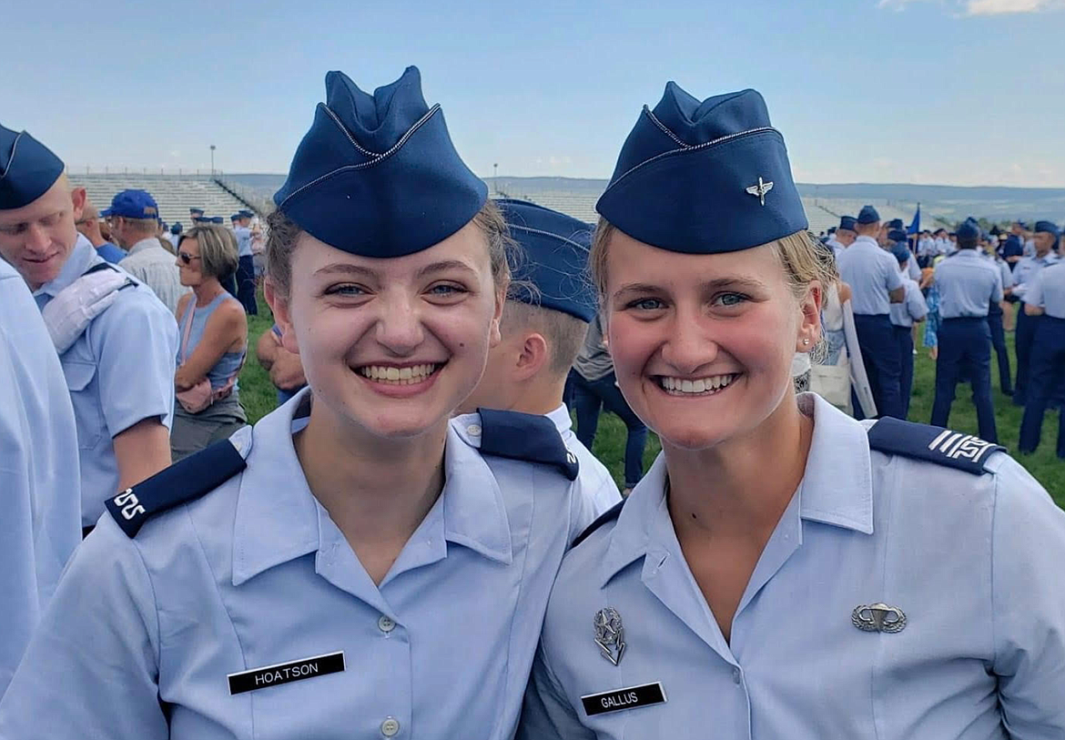 Cadet Fourth Class Hannah Hoatson, class of 2027, left, and Cadet First Class Erika Gallus, class of 2024, are seen here Aug. 9 at the U.S. Air Force Academy after Hoatson was accepted into the academy. The two are childhood friends.