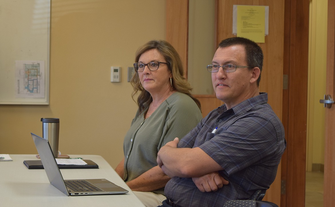 Othello School District Student Services Director Amy Parris, left, and Big Bend Community College Vice President of Instructional Programs and Student Services Bryce Humpherys, right, presented information to the Adams County Commissioners on a recent application from Grant and Adams Counties organizations to be designated a federal Tech Hub.