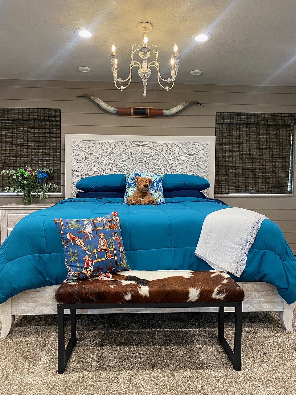 Sherri Van Diest of Wild Willow Interiors, Quincy, used one wall and some accessories to bring a Western vibe to a bedroom.