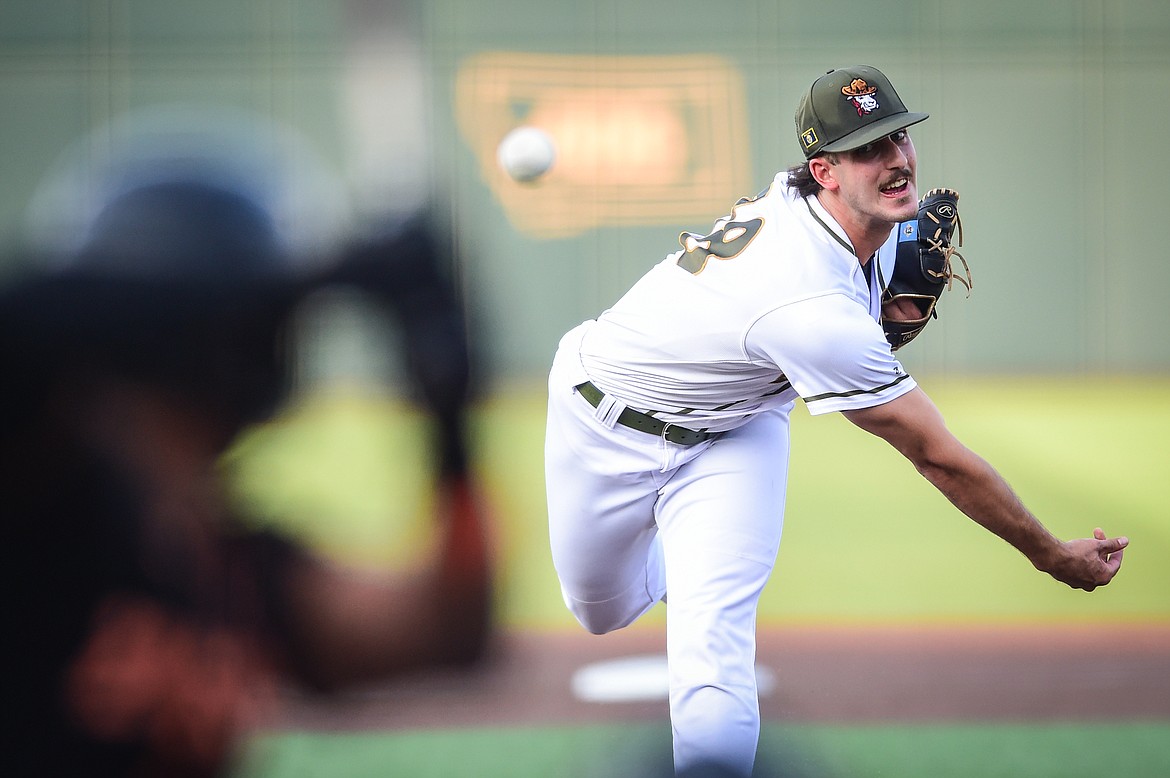 Glacier starting pitcher Nick Zegna (38) delivers in the first inning against the Missoula Paddleheads at Glacier Bank Park on Thursday, Aug. 24. (Casey Kreider/Daily Inter Lake)