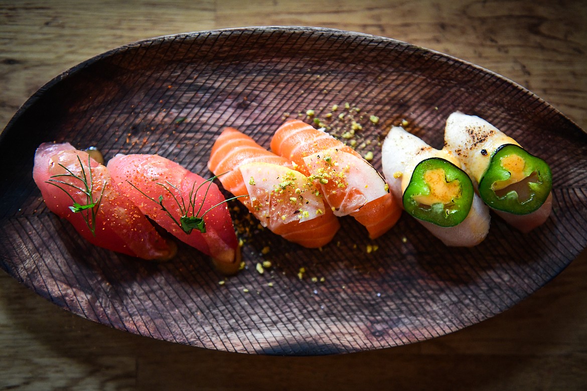 Ahi, King Salmon and Hamachi Fusion Nigiri at Indah Sushi in Whitefish on Wednesday, Aug. 23. (Casey Kreider/Daily Inter Lake)