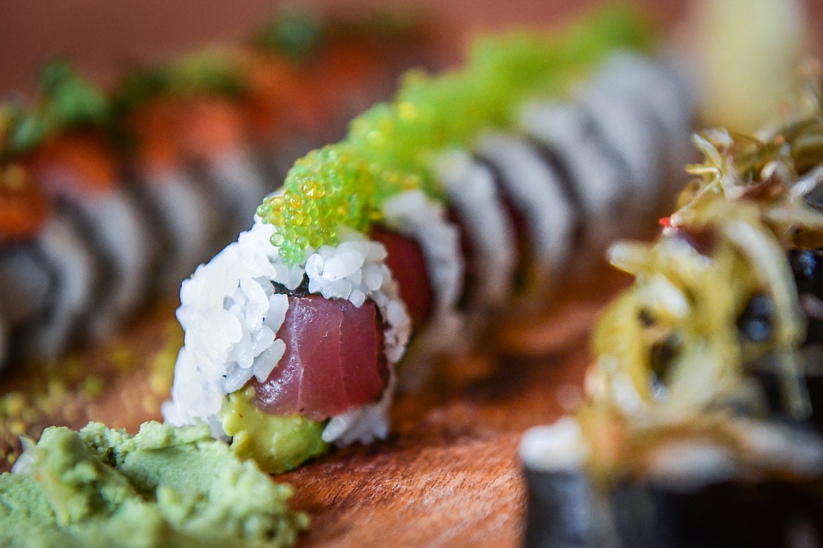 Ahi Jewel sushi featuring ahi, avocado, fennel, pistachios and wasabi tobiko at Indah Sushi in Whitefish on Wednesday, Aug. 23. (Casey Kreider/Daily Inter Lake)