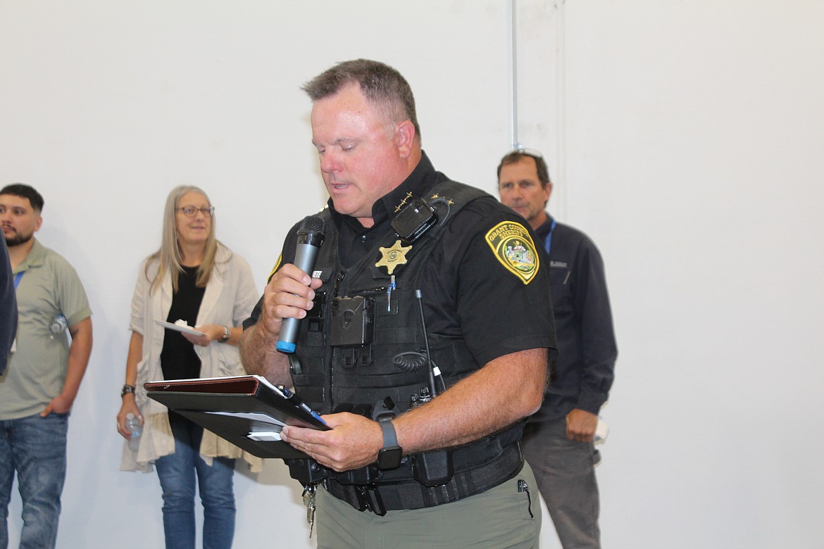 Grant County Sheriff Joe Kriete talked about the K-9 program during the presentation of a donation from Moses Lake Industries.