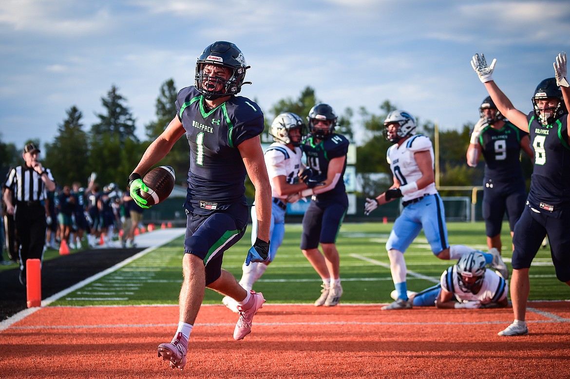 Glacier wide receiver Cohen Kastelitz (1) celebrates after a touchdown reception in the first quarter against Great Falls at Legends Stadium on Friday, Aug. 25. (Casey Kreider/Daily Inter Lake)