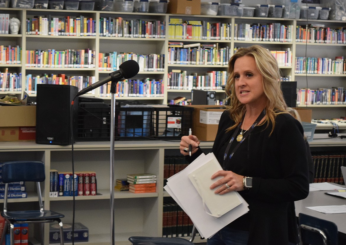 Warden High School Principal Katie Phipps presents the Work Based Learning program to the School Board in the Warden High School Library during Thursday evening’s regular meeting.