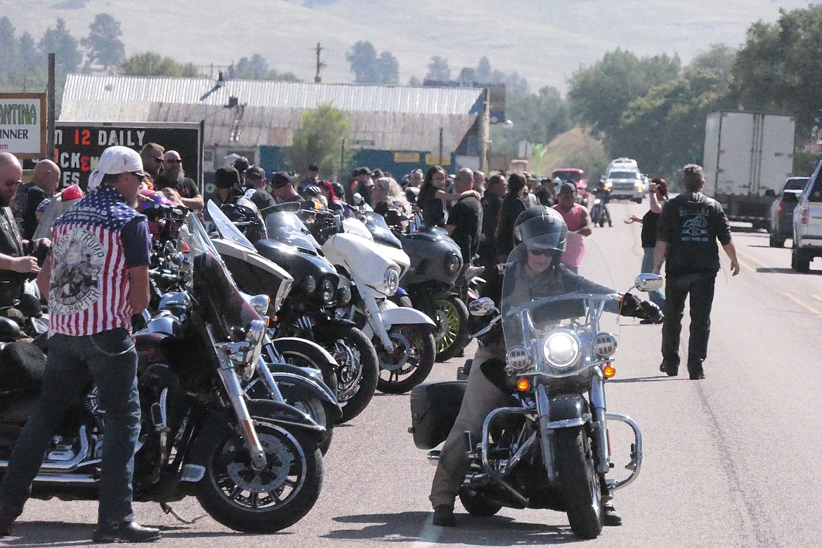 A long line of more than 200 motorcycles lined the north side of Dixon, Montana Saturday, part of the Bikers Against Bullying, USA fundraising event.  (Chuck Bandel/VP-MI)