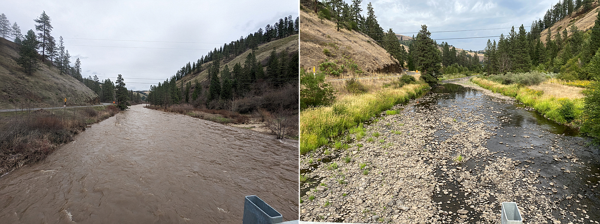 Flow conditions in the Potlatch River in April (left) and August (right) 2023