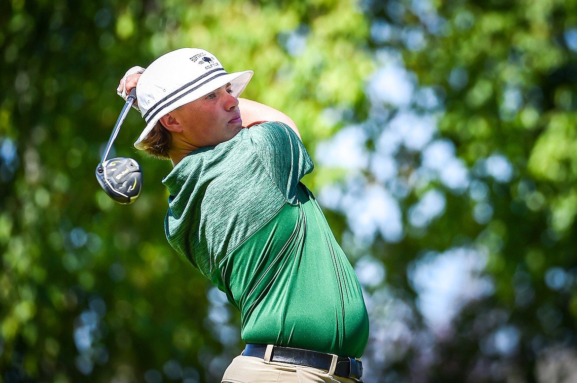 Glacier's Tanyon Murray watches his drive on the first tee at Village Greens Golf Course on Tuesday, Aug. 29. (Casey Kreider/Daily Inter Lake)