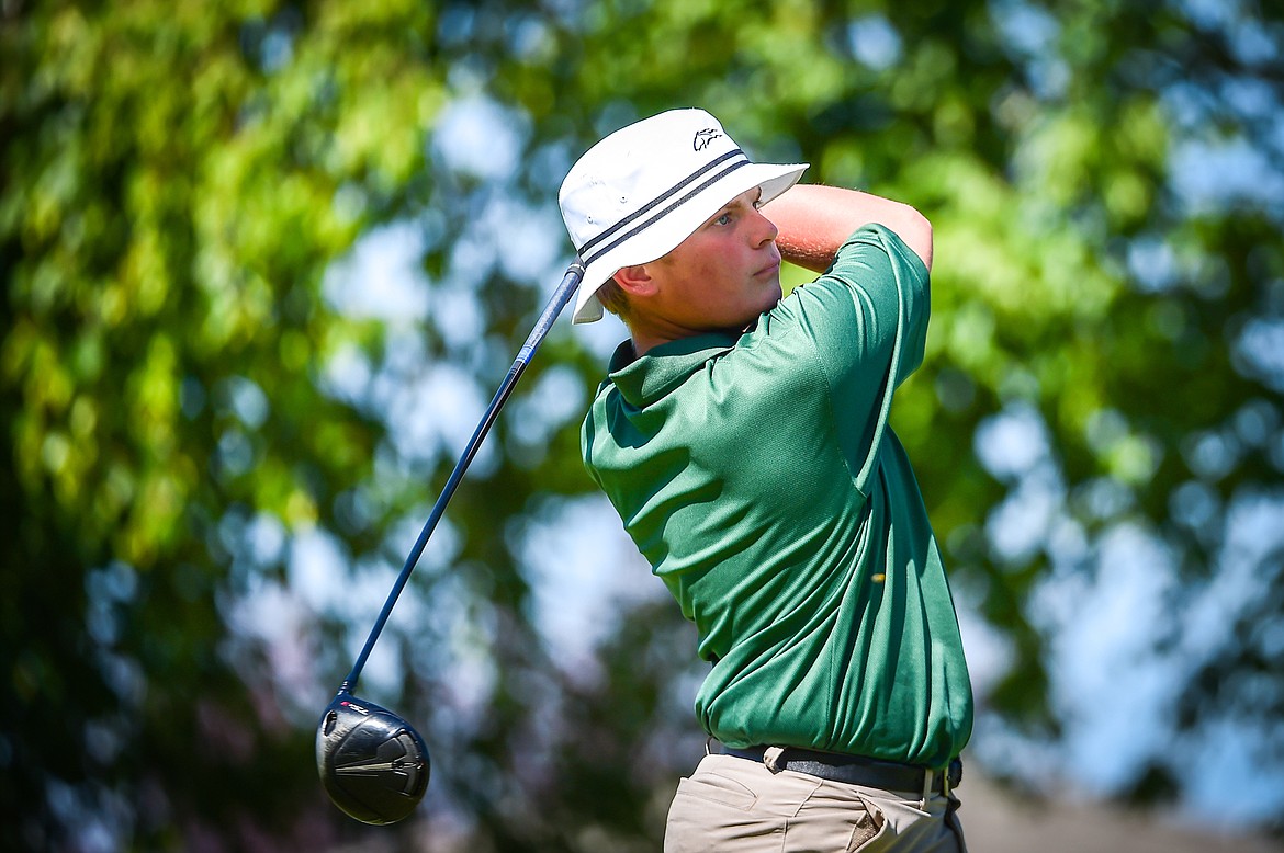 Glacier's Torren Murray watches his drive on the first tee at Village Greens Golf Course on Tuesday, Aug. 29. (Casey Kreider/Daily Inter Lake)