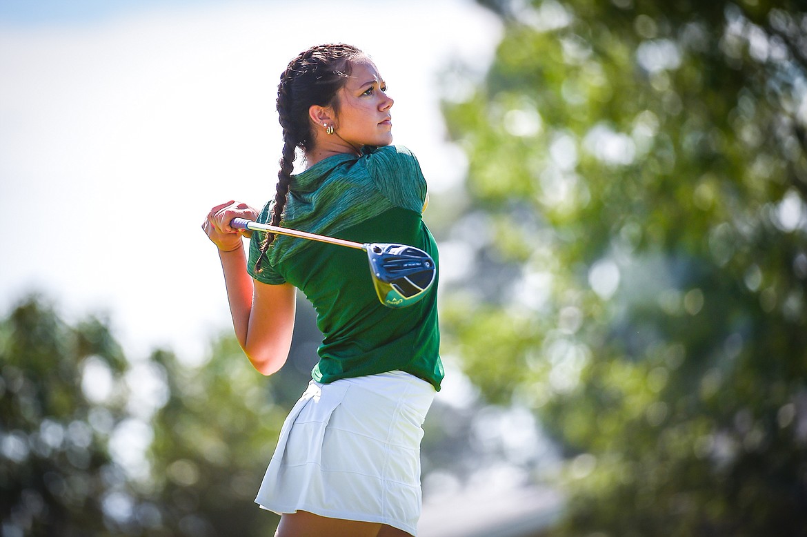 Glacier's Chloe Tanner watches her drive on the second tee at Village Greens Golf Course on Tuesday, Aug. 29. (Casey Kreider/Daily Inter Lake)