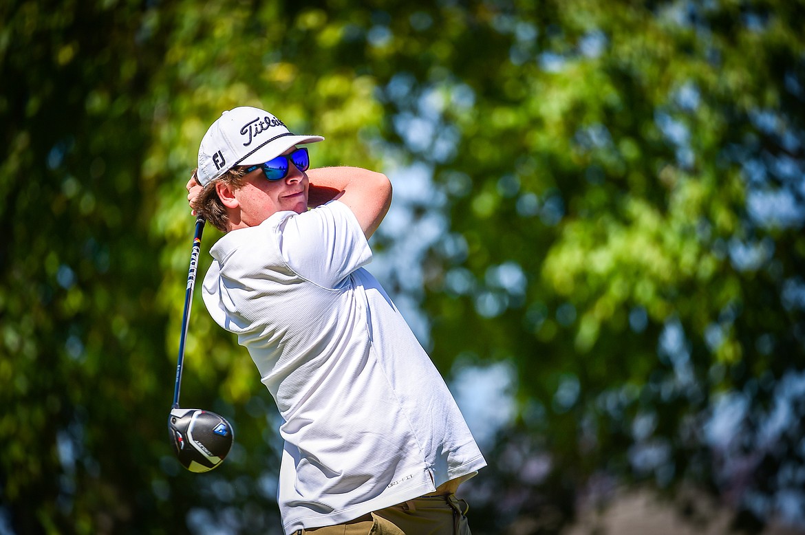 Flathead's Dylan Morris watches his drive on the first tee at Village Greens Golf Course on Tuesday, Aug. 29. (Casey Kreider/Daily Inter Lake)