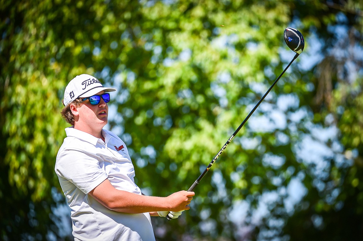 Flathead's Dylan Morris watches his drive on the first tee at Village Greens Golf Course on Tuesday, Aug. 29. (Casey Kreider/Daily Inter Lake)