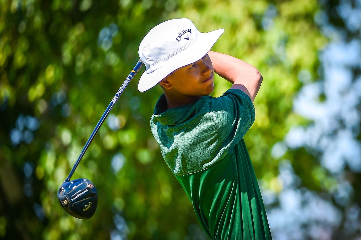 Glacier's Trevor Cunningham watches his drive on the first tee at Village Greens Golf Course on Tuesday, Aug. 29. (Casey Kreider/Daily Inter Lake)