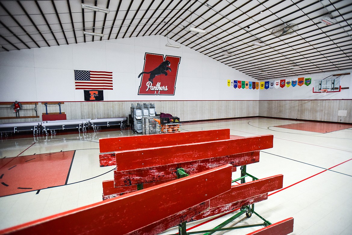 Sets of bleachers and rolling lunch tables have to constantly be set up and put away as the school's gym also serves as the lunch room at Marion School on Tuesday, Aug. 29. (Casey Kreider/Daily Inter Lake)