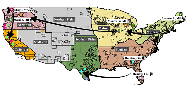 A map of the lower 48 U.S. states, showing eight USDA Climate Hub regions and potential cross-regional connections for climate change and specialty crops. The arrows show target-analog pairings between specialty crop-growing counties; from recent research by WSU scientists.