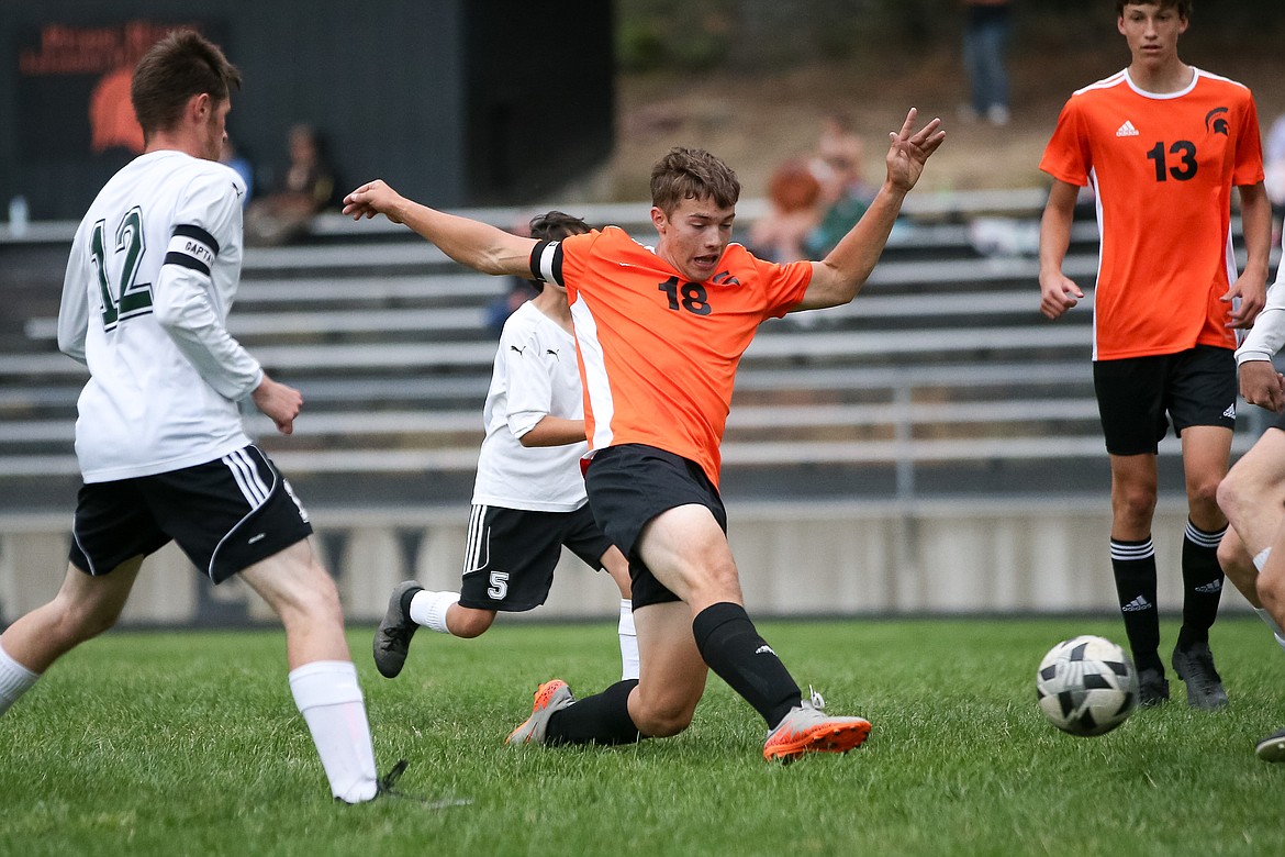 Connor Stevens knocks in his second goal of the match during Priest River's 7-0 victory over St. Maries on Tuesday.