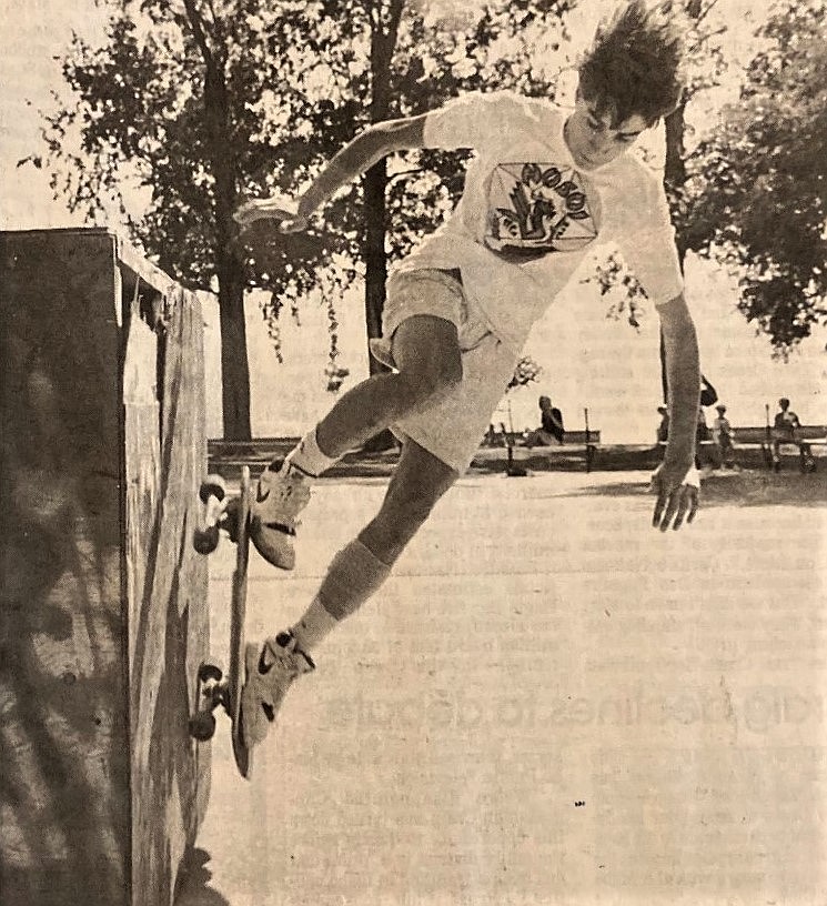 In 1988, skater Kevin Bennett performs stunts at City Park.