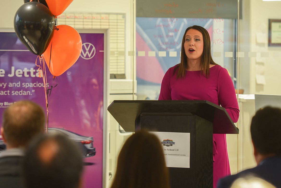 Rep. Courtenay Sprunger, R-Kalispell, speaks at a back to school event on Aug. 30, 2023. (Kate Heston/Daily Inter Lake)