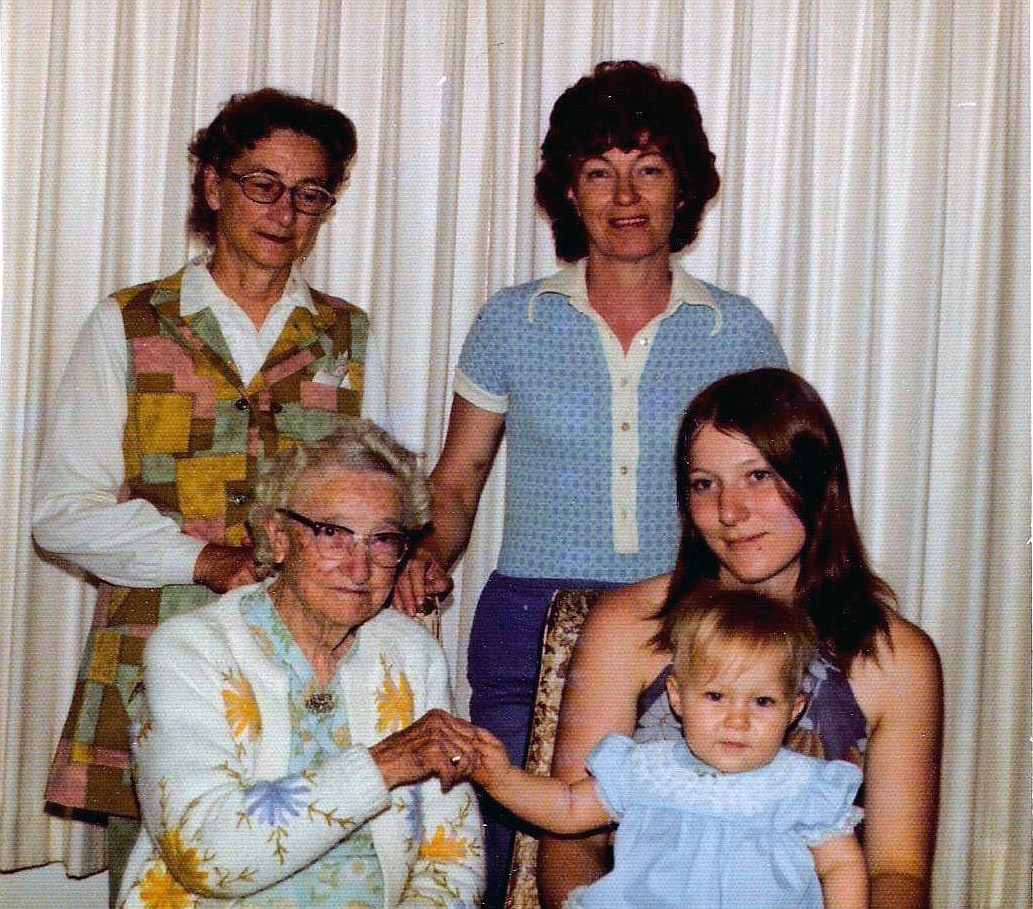 A five-generation photo from 1974, the first of two occasions when the family gathered for the special photo. Pictured are Edna Louise (Bailor) Griffith, Edna Mae (Griffith) Williams, Loretta M (Williams) Miller, Sheryl A. (Miller) Lutz, and Shannon L. (Haeder) Vaughn.