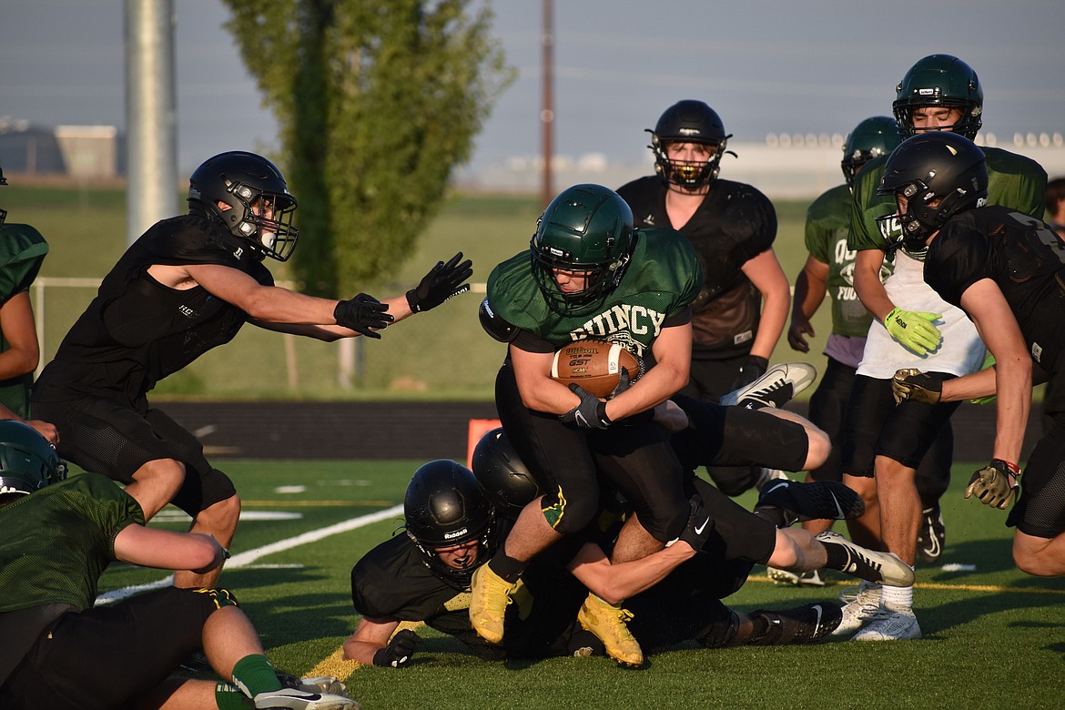 A Quincy running back fights his way forward against the Royal defense during the Quincy jamboree Aug. 25.