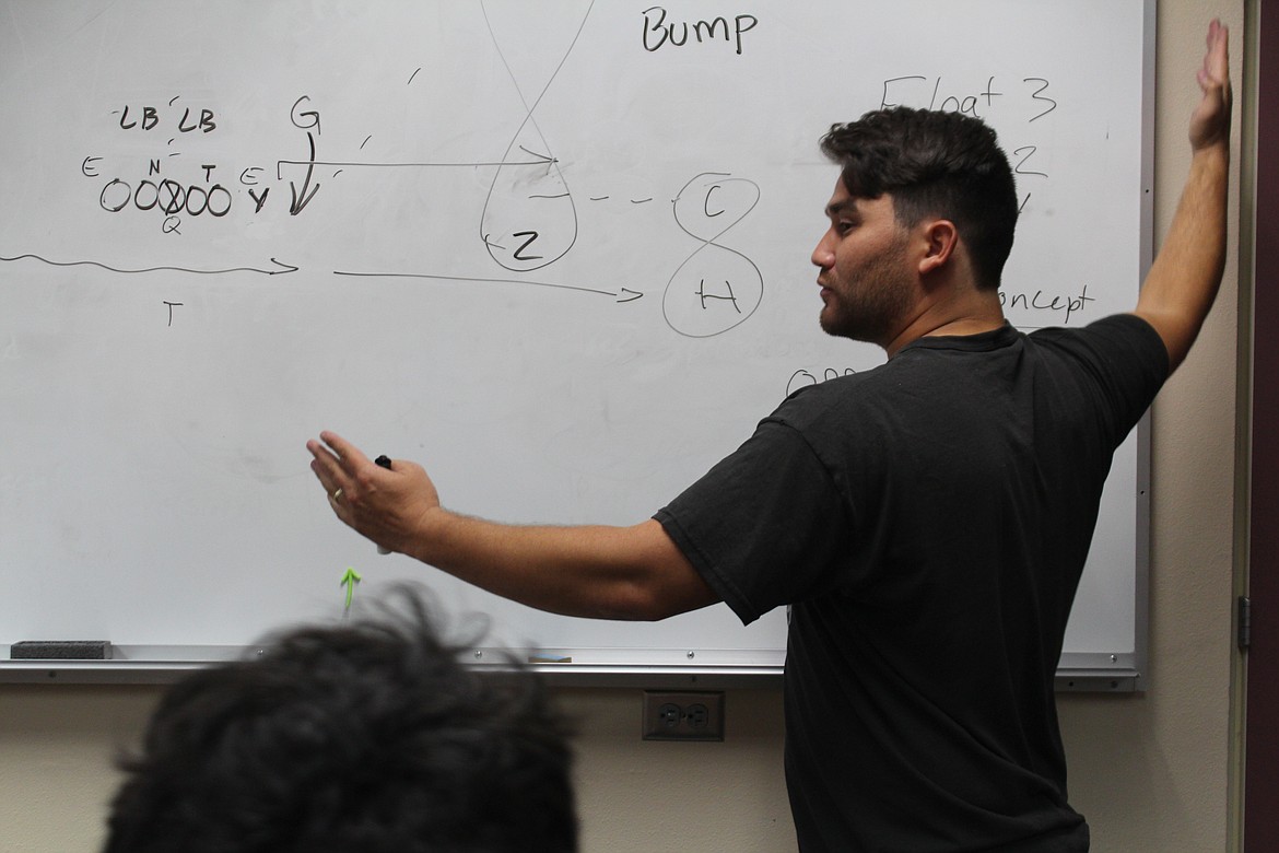 Wahluke assistant football coach Makai Hirai goes over a play before practice.