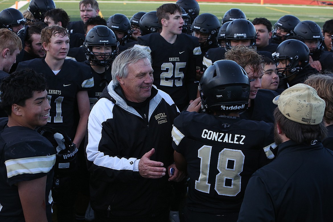 Royal Head Coach Wiley Allred smiles after the Knights captured their third-straight 1A state title last December.