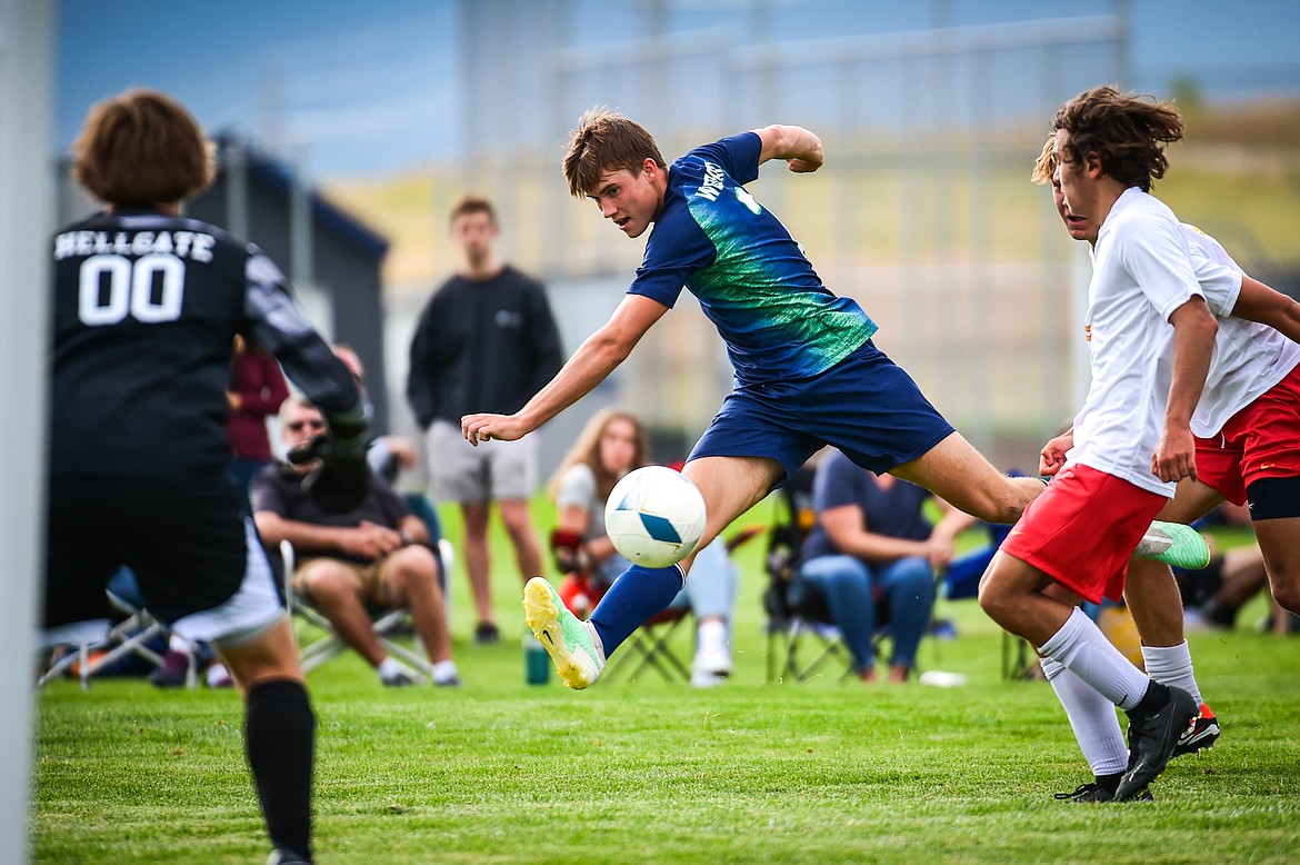 Glacier's Joey Paolini (7) works for a shot on goal in the first half against Missoula Hellgate at Glacier High School on Thursday, Aug. 31. (Casey Kreider/Daily Inter Lake)