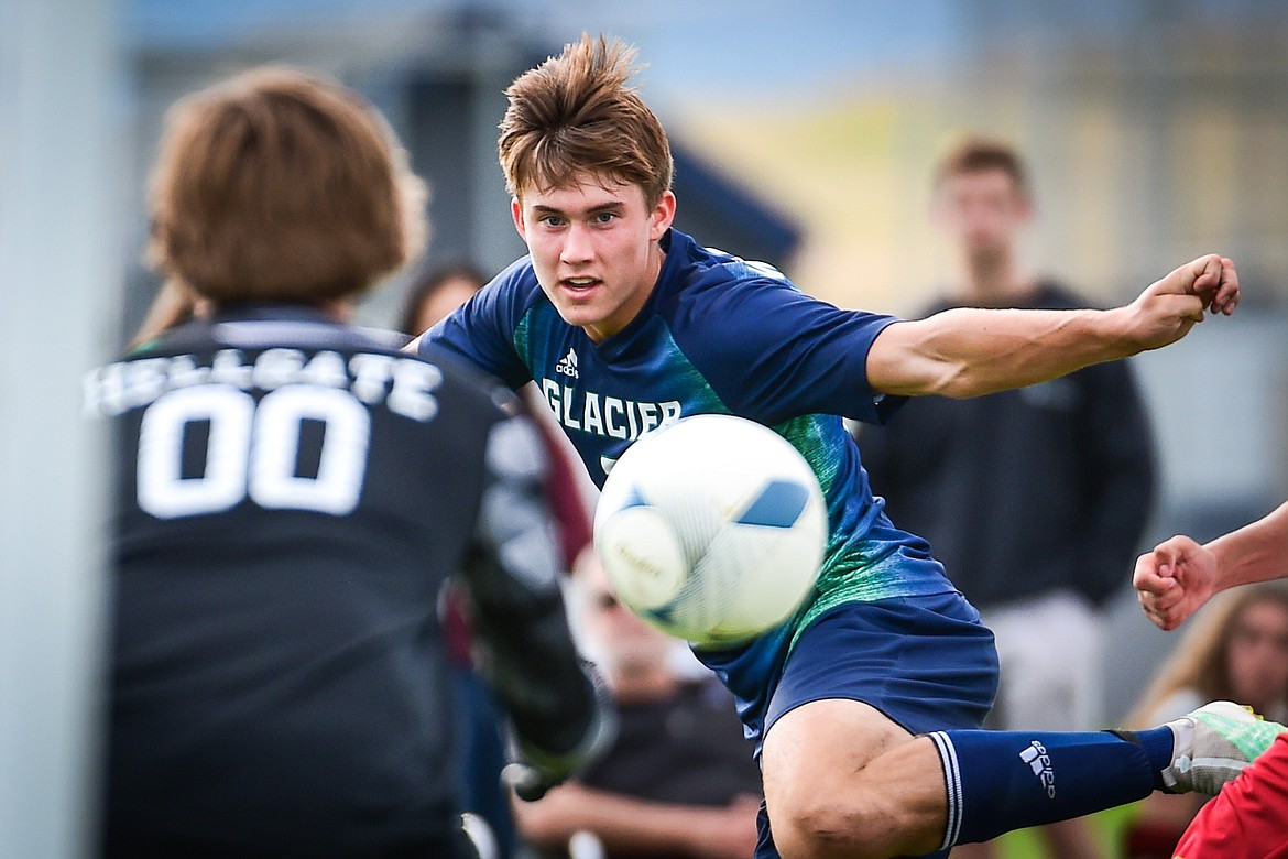 Glacier's Joey Paolini (7) watches the flight of a shot on goal in the first half against Missoula Hellgate at Glacier High School on Thursday, Aug. 31. (Casey Kreider/Daily Inter Lake)