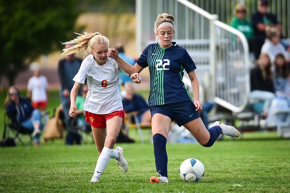 Glacier's Reagan Brisendine (22) takes a shot in the second half against Missoula Hellgate at Glacier High School on Thursday, Aug. 31. (Casey Kreider/Daily Inter Lake)