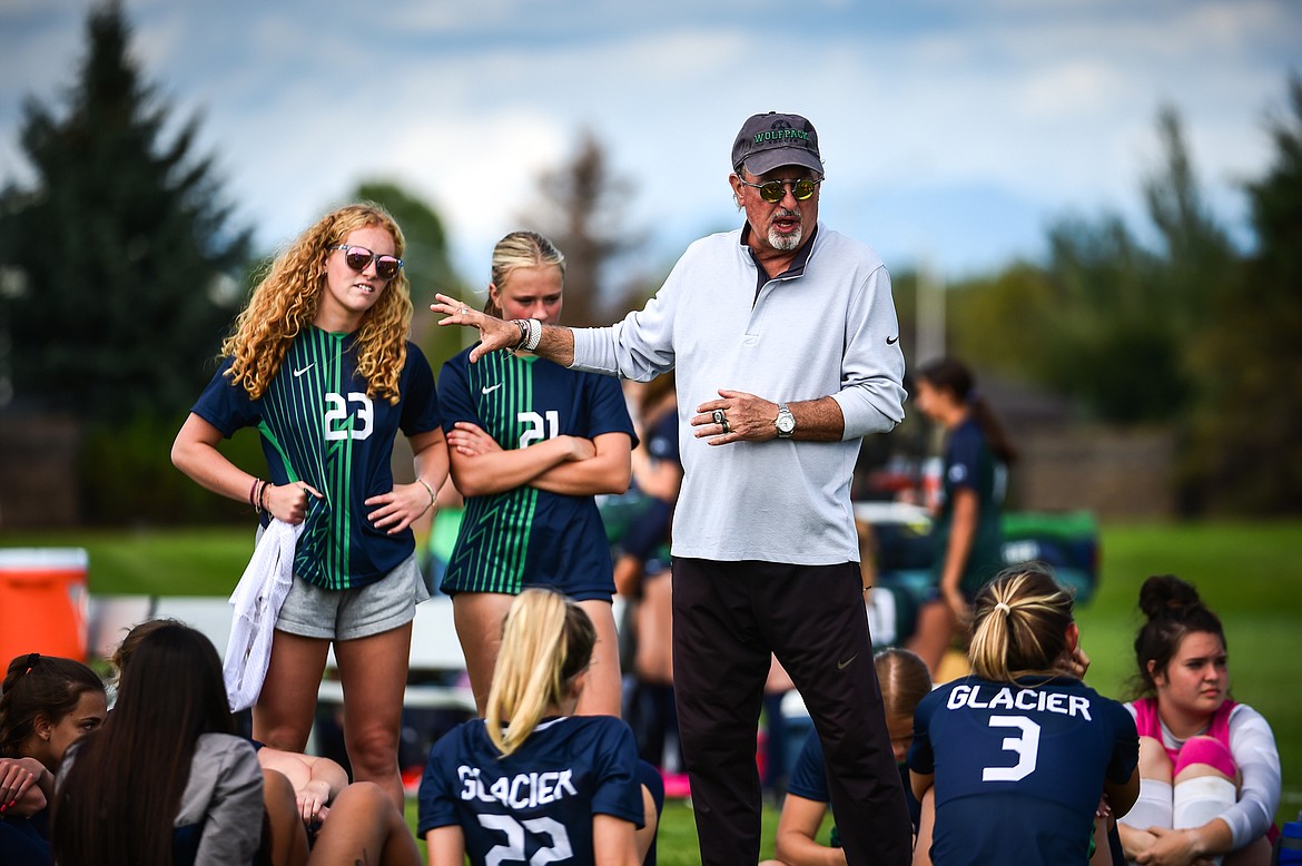 Glacier girls head coach Doug Mello talks to the team at half against Missoula Hellgate on Thursday, Aug. 31. (Casey Kreider/Daily Inter Lake)