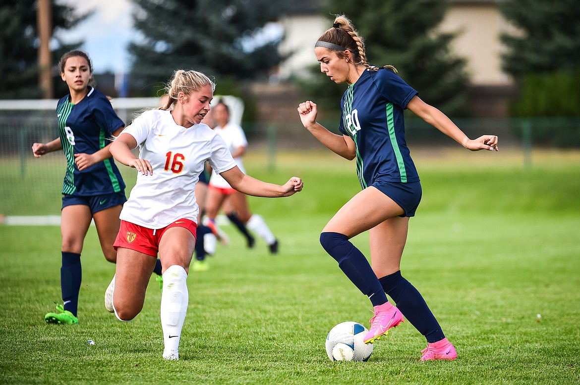 Glacier's Carmen Eddy (20) works the ball upfield in the second half against Missoula Hellgate at Glacier High School on Thursday, Aug. 31. (Casey Kreider/Daily Inter Lake)