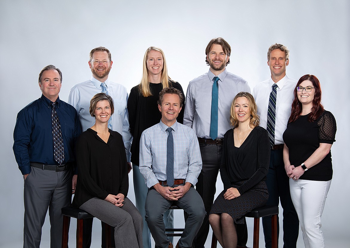 The North Idaho Eye Institute's doctors, standing from left, are John Weisel, O.D., Tad Buckland, M.D., Whitney Smith, M.D., Drew Thomas, M.D., John Calderwood, O.D., and Katie Gleason, O.D. Sitting, Alison Granier, M.D., David Dance, M.D., and Sara Duke, M.D. Not pictured: FAAO, Ali Heaton, O.D. Doctors Buckland, Granier, Thomas, Calderwood, Gleason and Heaton will be available at the Post Falls location.