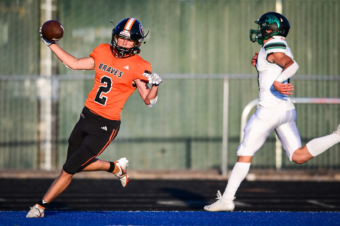 Flathead wide receiver Ben Bliven (2) celebrates in the end zone after a touchdown run in the second quarter against Belgrade at Legends Stadium on Friday, Sept. 1. (Casey Kreider/Daily Inter Lake)