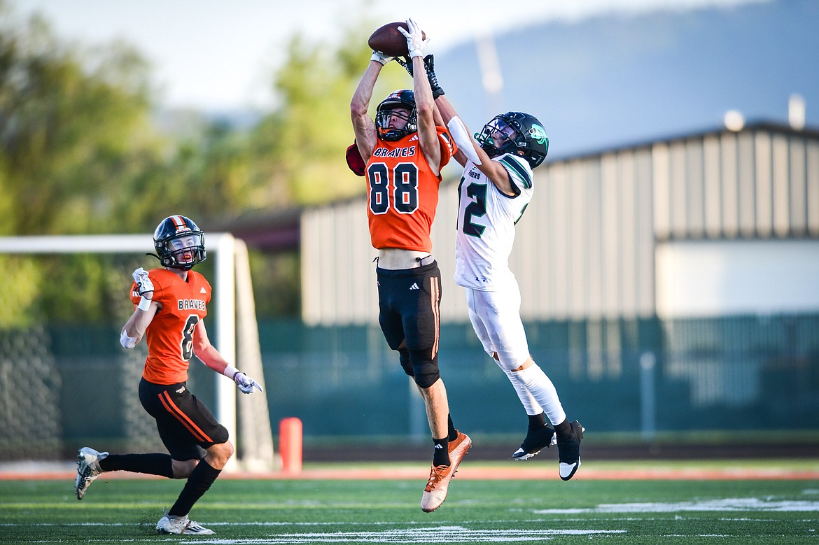 Flathead safety Brody Thornsberry (88) intercepts a pass in the second quarter against Belgrade at Legends Stadium on Friday, Sept. 1. (Casey Kreider/Daily Inter Lake)