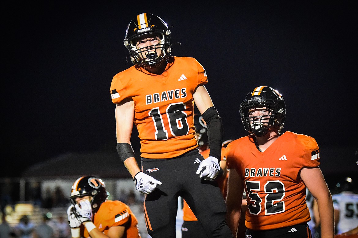 Flathead cornerback Tanner Heichel (16) celebrates after recovering a fumble in the fourth quarter against Belgrade at Legends Stadium on Friday, Sept. 1. (Casey Kreider/Daily Inter Lake)