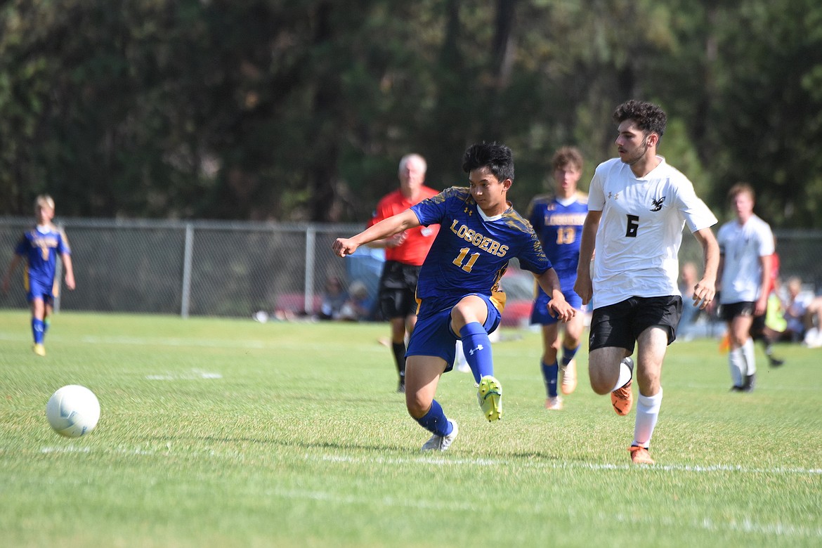 Libby's Gabe Gier gains control of the ball against Stevensville in a game on Sept. 2 at J. Neils Memorial Park. (Scott Shindledecker/The Western News)