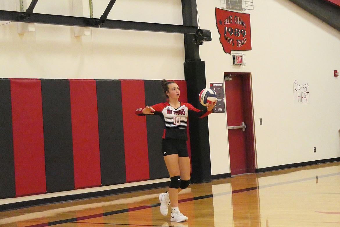 Hot Springs' Kara Christensen serves up one of her nine service aces during the Lady Heat's match versus St. Regis last week in Hot Springs.  (Chuck Bandel/VP-MI)