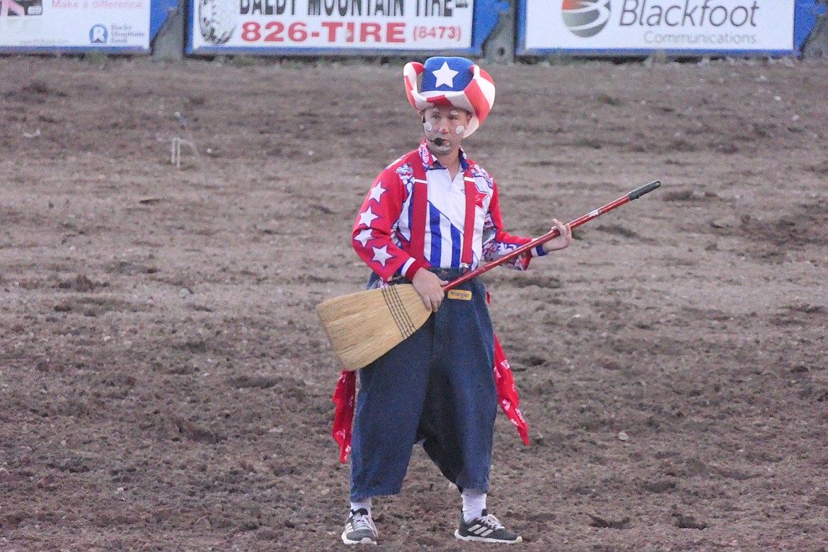 Rodeo clown entrains the near capacity crowd at Thursday's opening night of the 2023 Sanders County Rodeo at the fairgrounds arena. (Chuck Bandel/Valley Press)