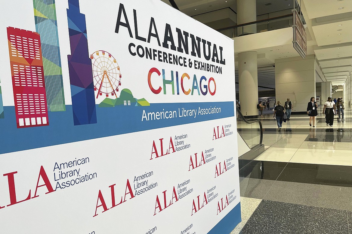 The entrance to the American Library Association annual conference is seen, June 24, 2023, in Chicago. State libraries in three states and some local libraries have severed ties with the ALA amid what some conservatives say has been politicization of the librarian professional organization. ALA officials deny having a political agenda, saying it has always been nonpartisan and that parents should have the freedom to decide what books their children can read. (AP Photo/Claire Savage)