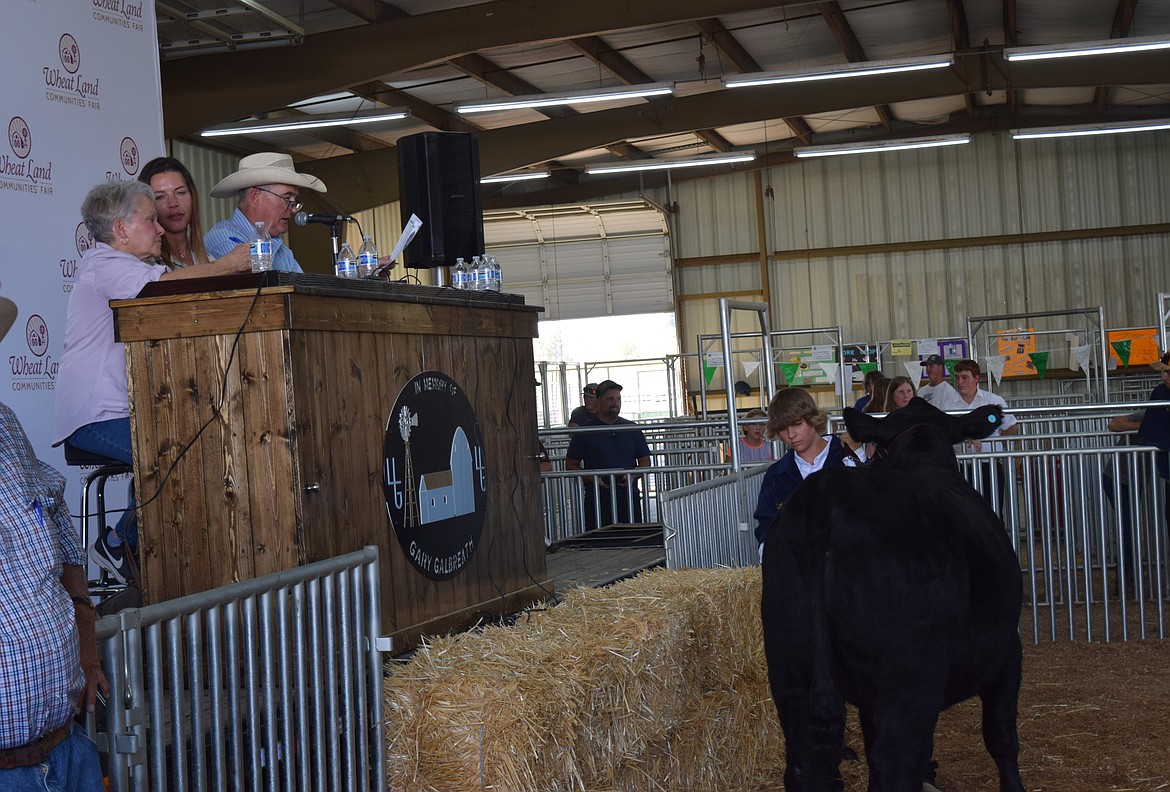 An FFA member shows his animal during Saturday’s livestock auction while the auctioneers and organizers conduct the event.